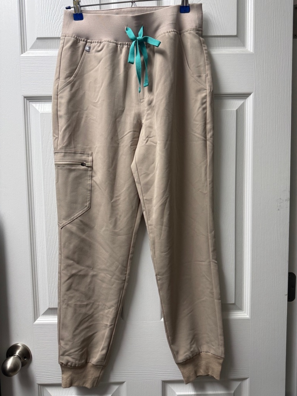 Figs Beige Track Joggers with Teal Drawstring
